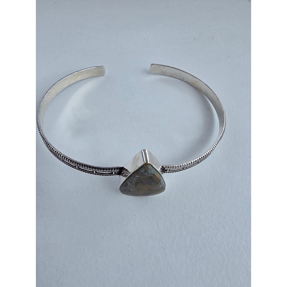 925 Sterling Silver Natural Stone Teardrop Cuff Bracelet Stamped Geometric Band